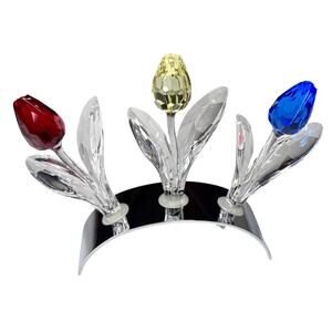 Swarovski Crystal 3 TULIP FLOWERS & DISPLAY STAND Holder Red Yellow Blue 3-1/2"